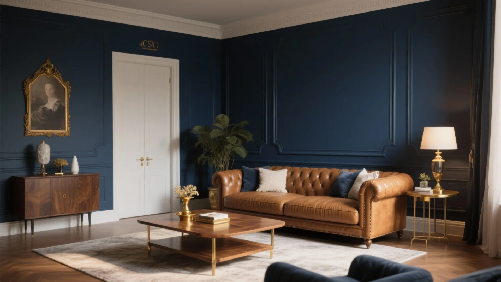 Elegant navy blue living room with leather sofa, wooden coffee table, white door, floor plant