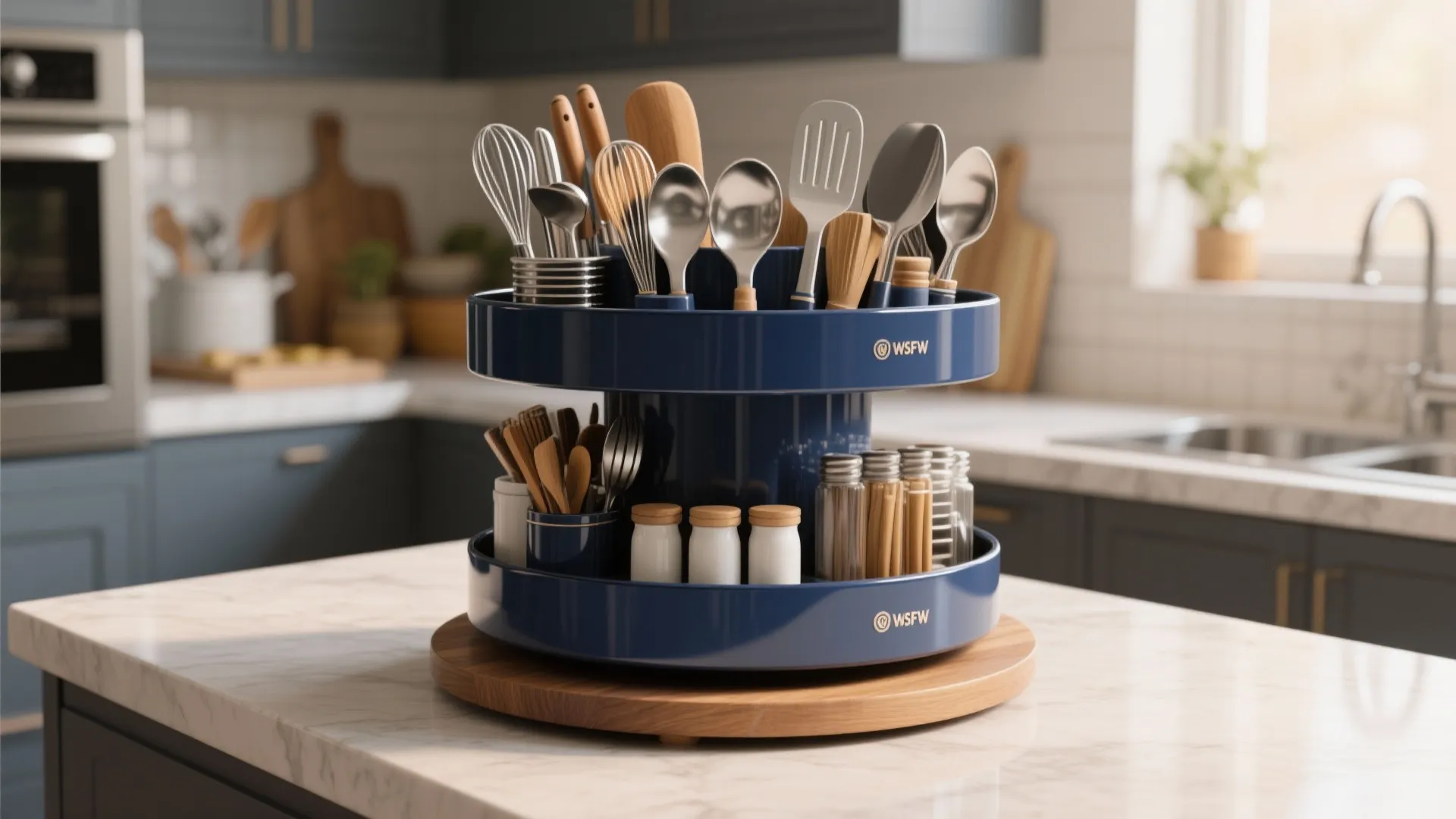 Navy tiered rotating countertop carousel organizing kitchen tools on a prep counter
