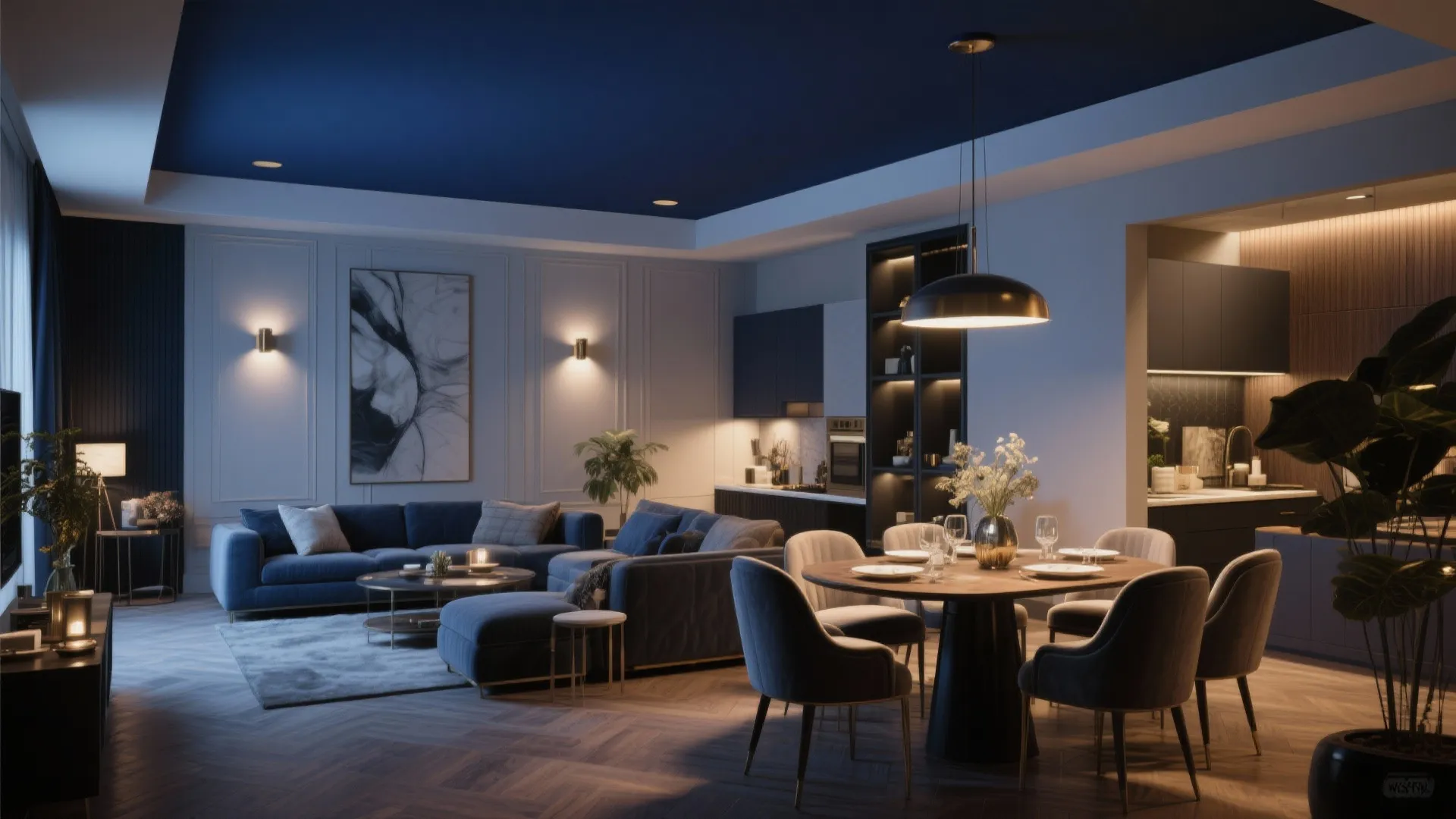 Living area with dramatic navy painted ceiling