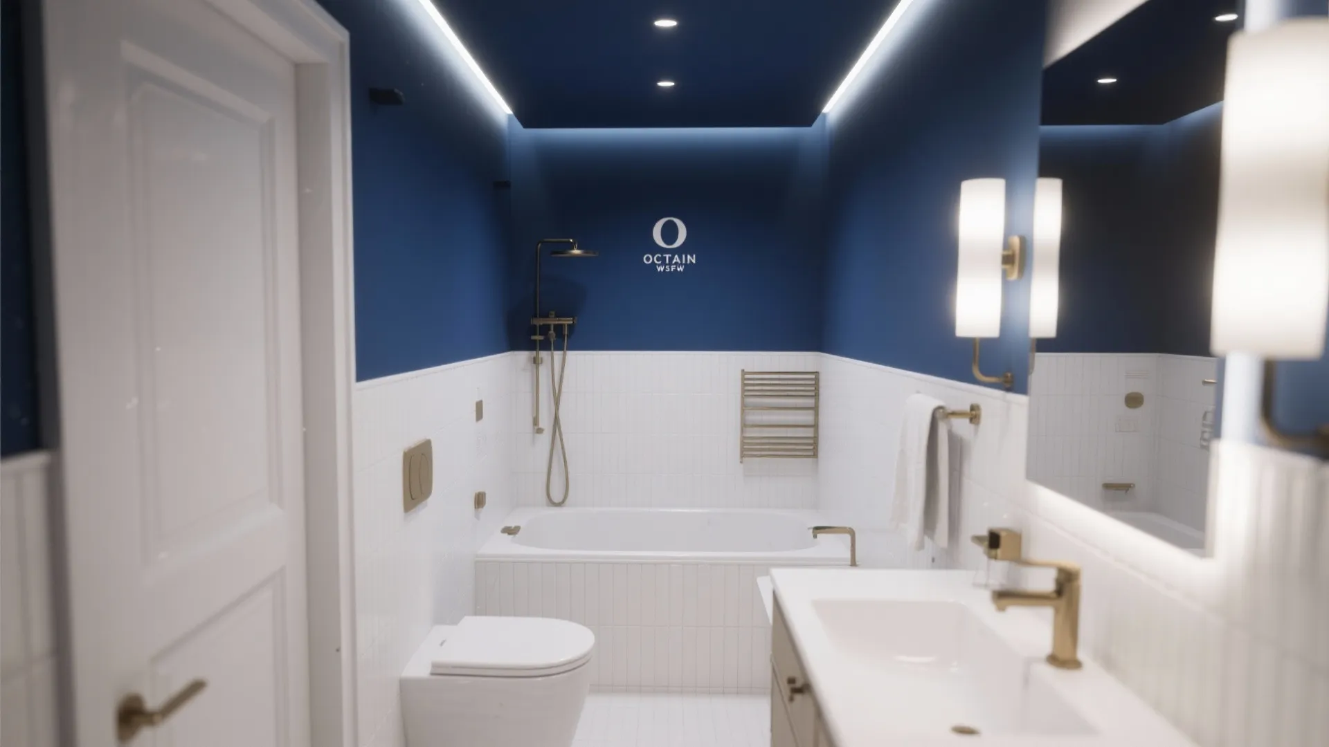 Modern bathroom with navy blue upper walls and ceiling plus white wall panels and bathtub