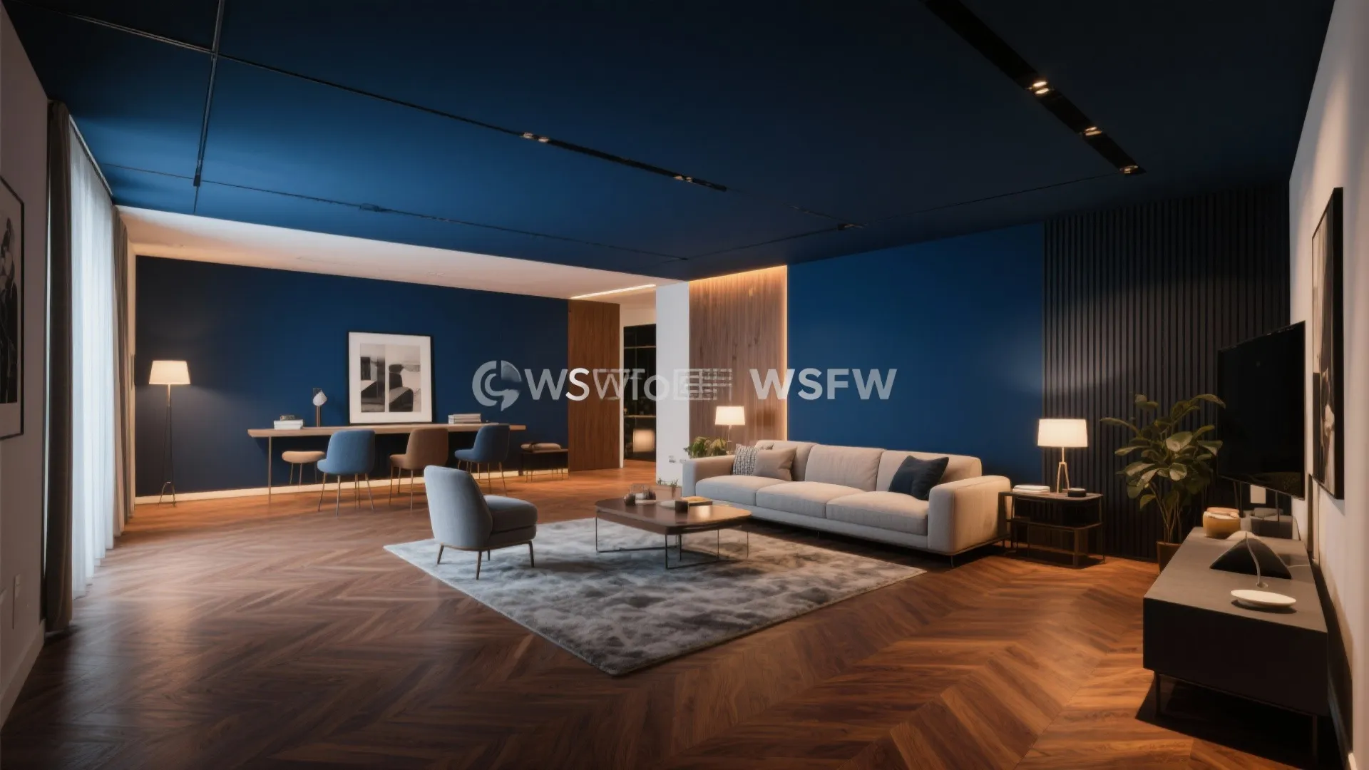 10. Navy Feature Ceiling with Brown Flooring