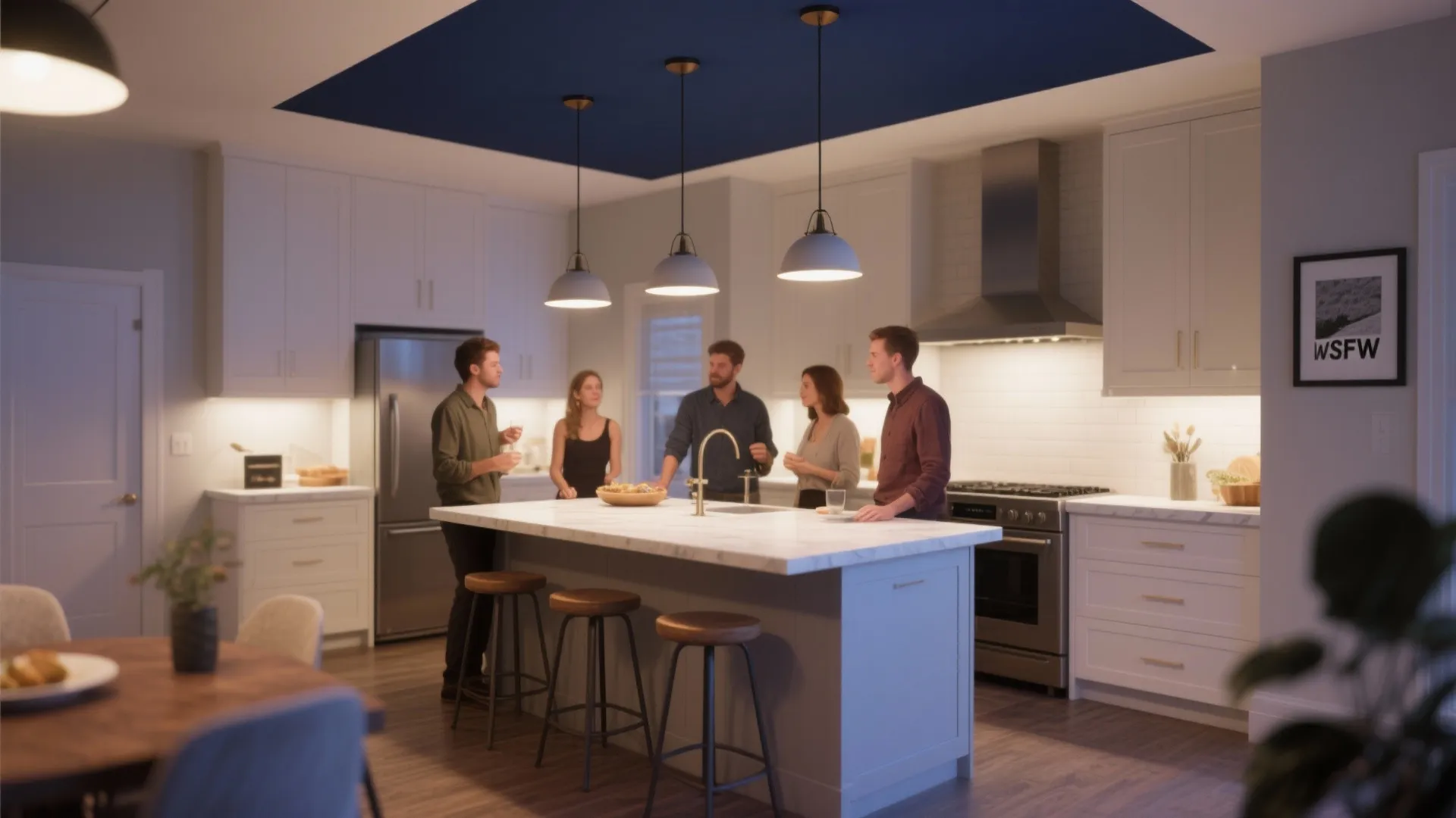 White kitchen island framed by a deep navy-painted ceiling zone with pendant lights.