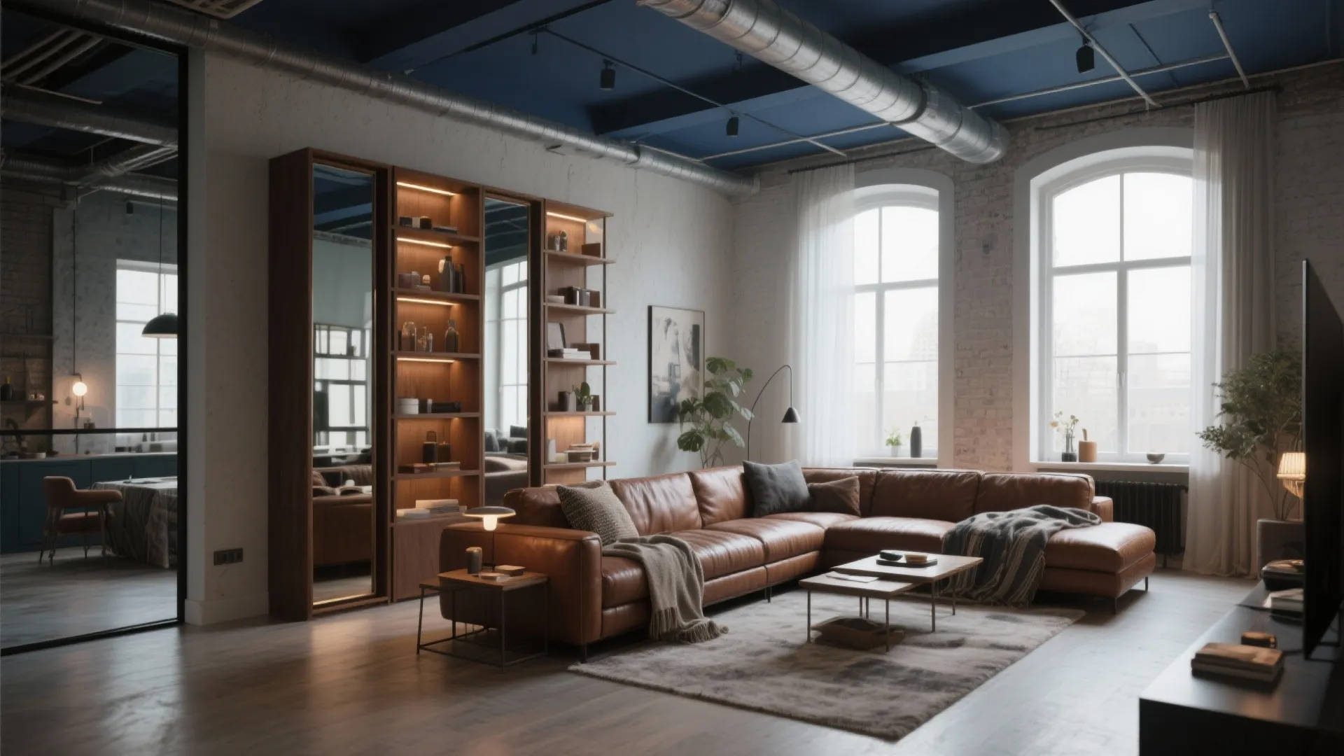 4. Mixed Materials: Brown Leather + Navy Painted Ceiling