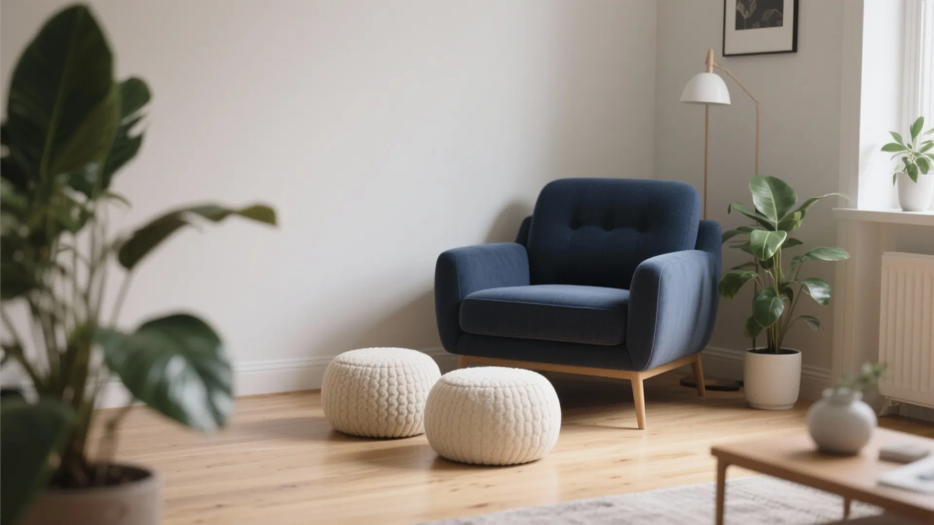 9. Navy Feature Chair with Cream Poufs