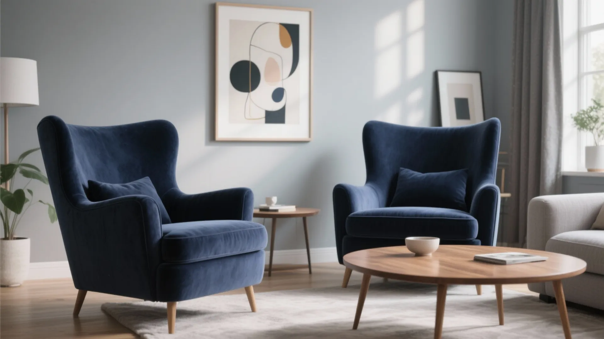 6. Navy Accent Chairs in a Grey Room