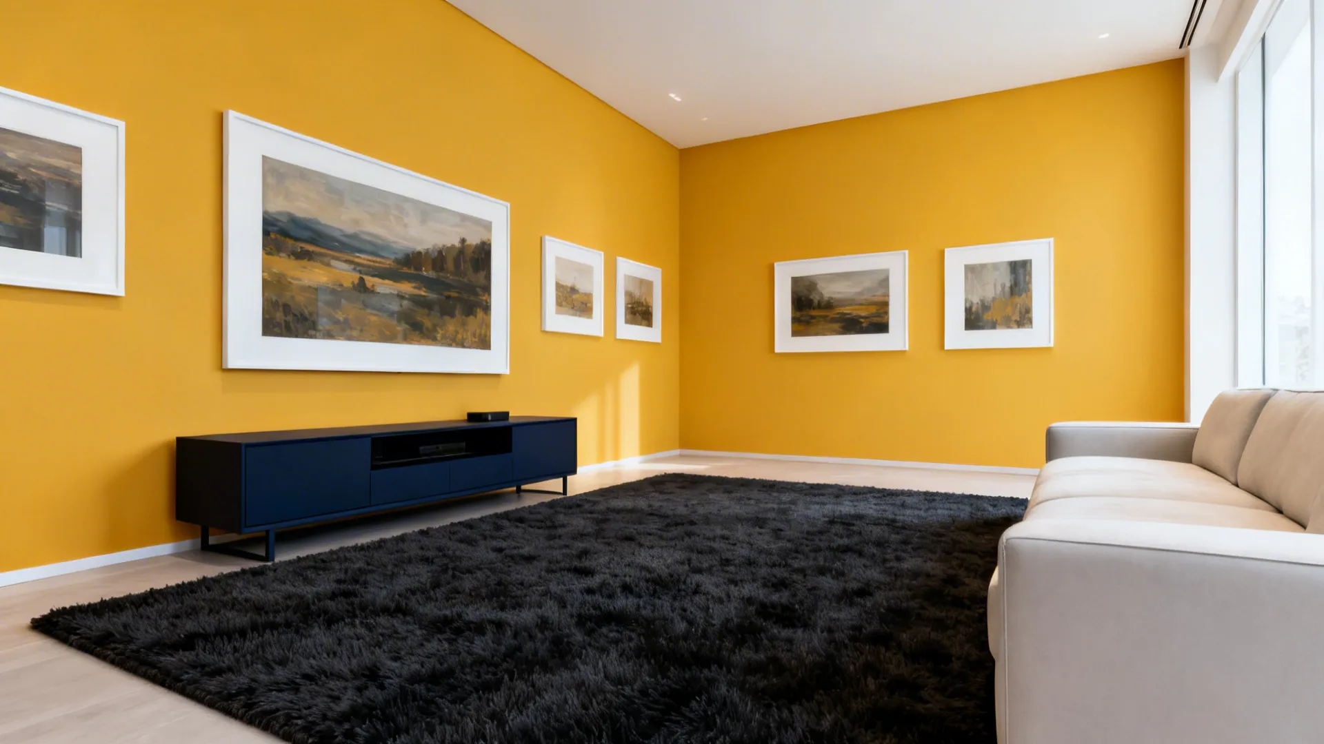 Marigold walls with a charcoal rug and navy media console grounding a bright small living room.