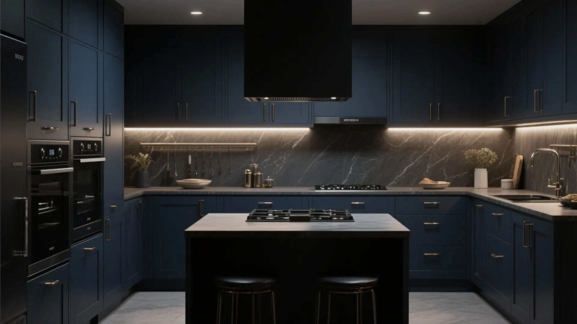 Modern navy blue kitchen featuring dark marble backsplash gold handles central island stove and ovens