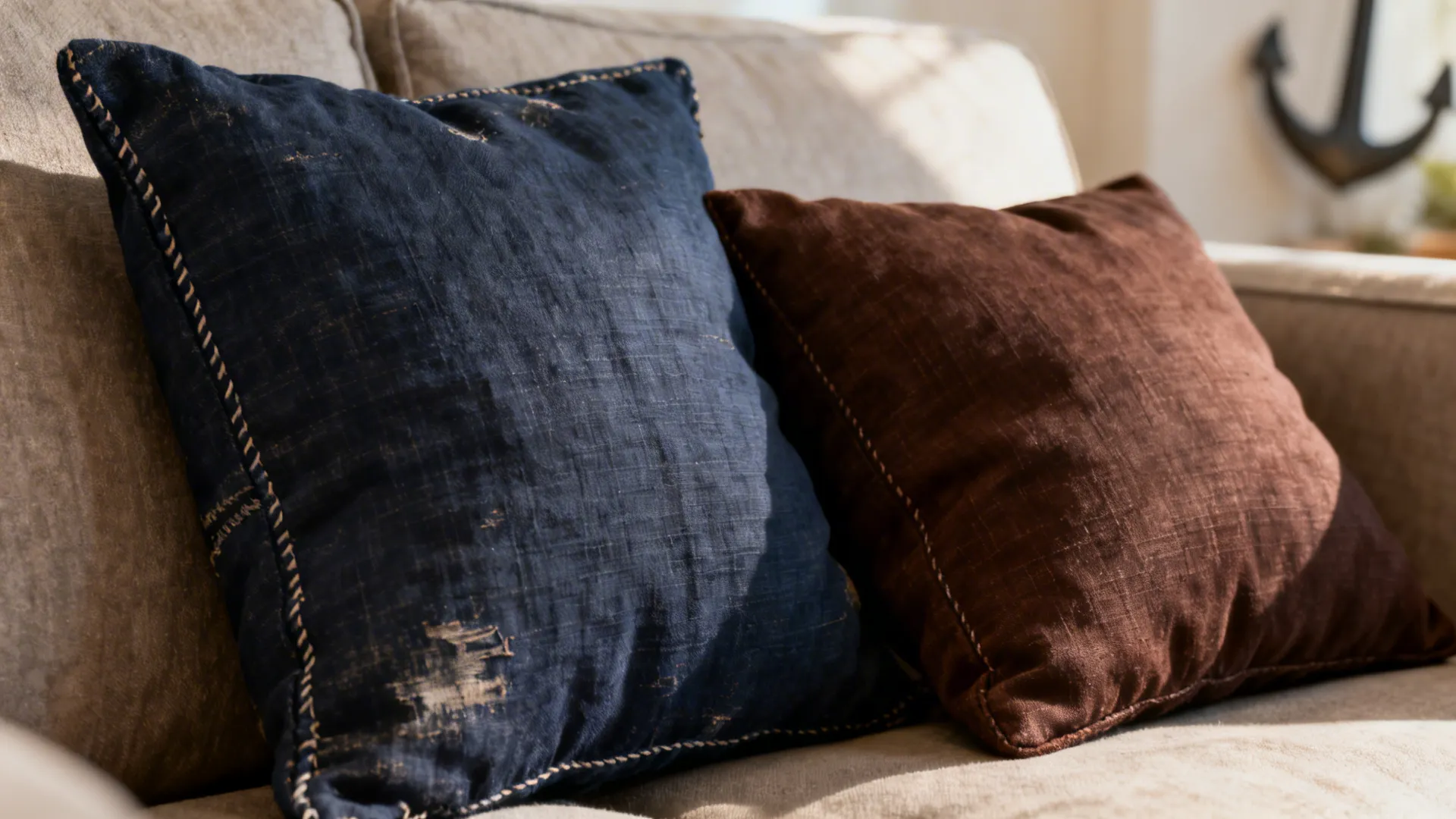 Close-up of a deep navy pillow paired with a chocolate brown cushion showing fabric texture.
