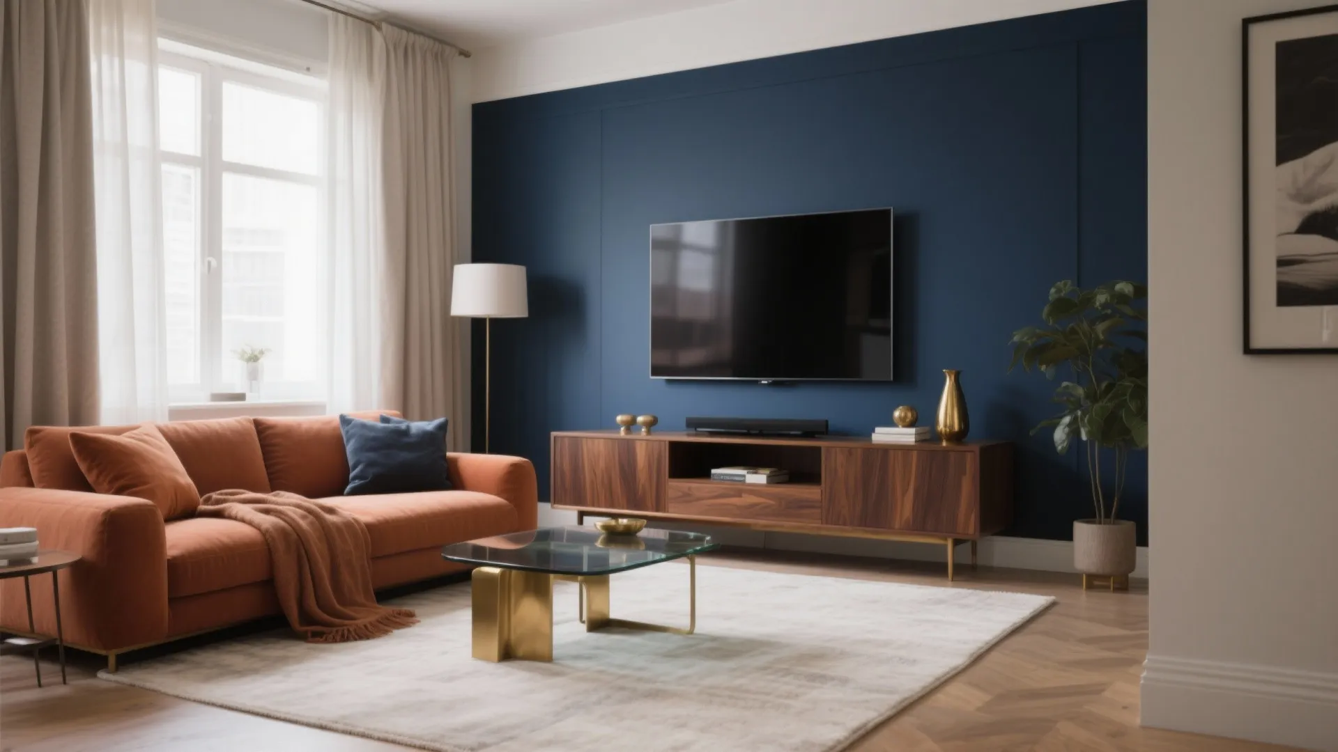 Living room with navy blue wall orange sofa wooden cabinet glass coffee table and plants
