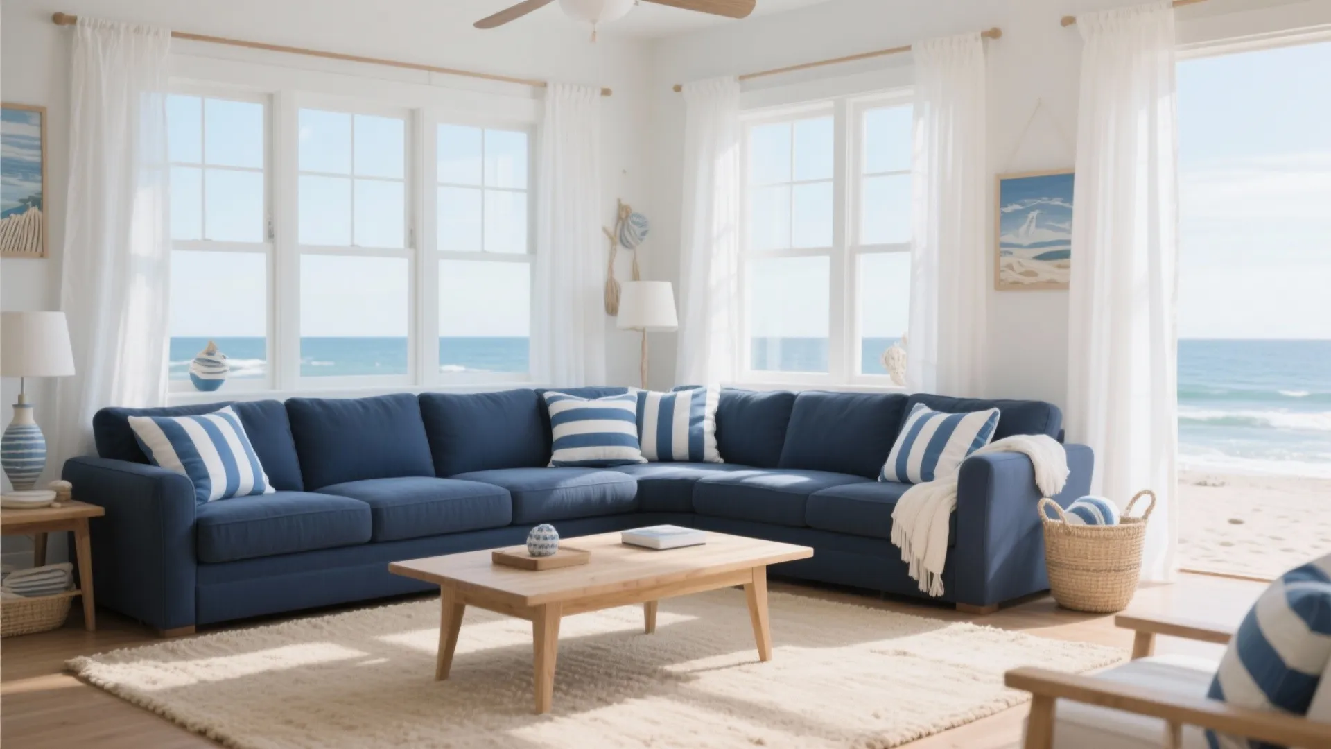 4. Navy Couch with Coastal Vibes