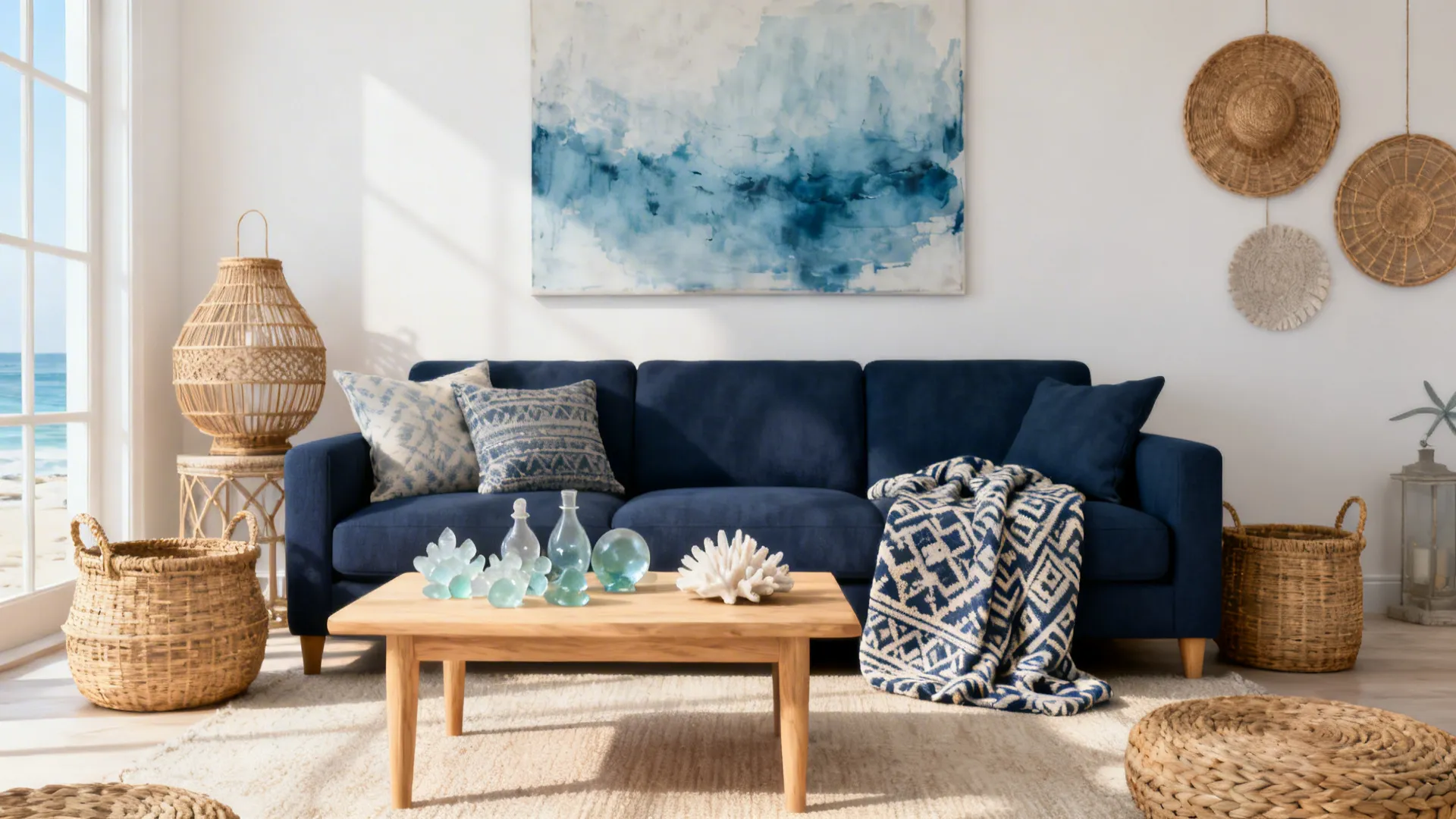 Navy sofa in a coastal-style room with rattan accessories and sea-glass accents on off-white walls.