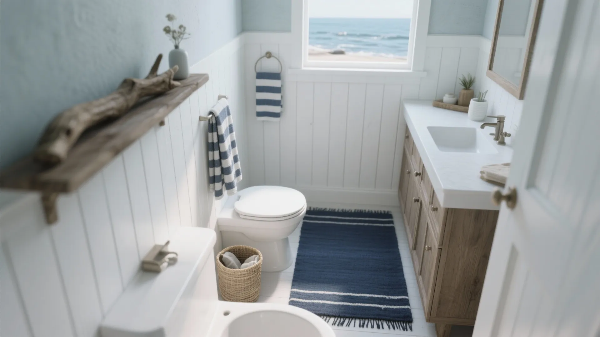 Coastal bathroom with blue walls white wall panel wooden cabinet and ocean view through windows