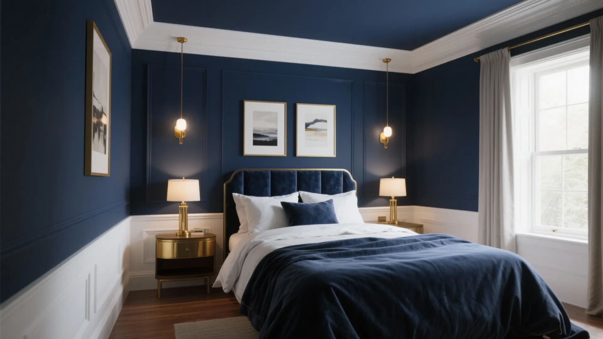 Luxury bedroom with dark blue walls gold wall lights white wall panel and navy blue bedding