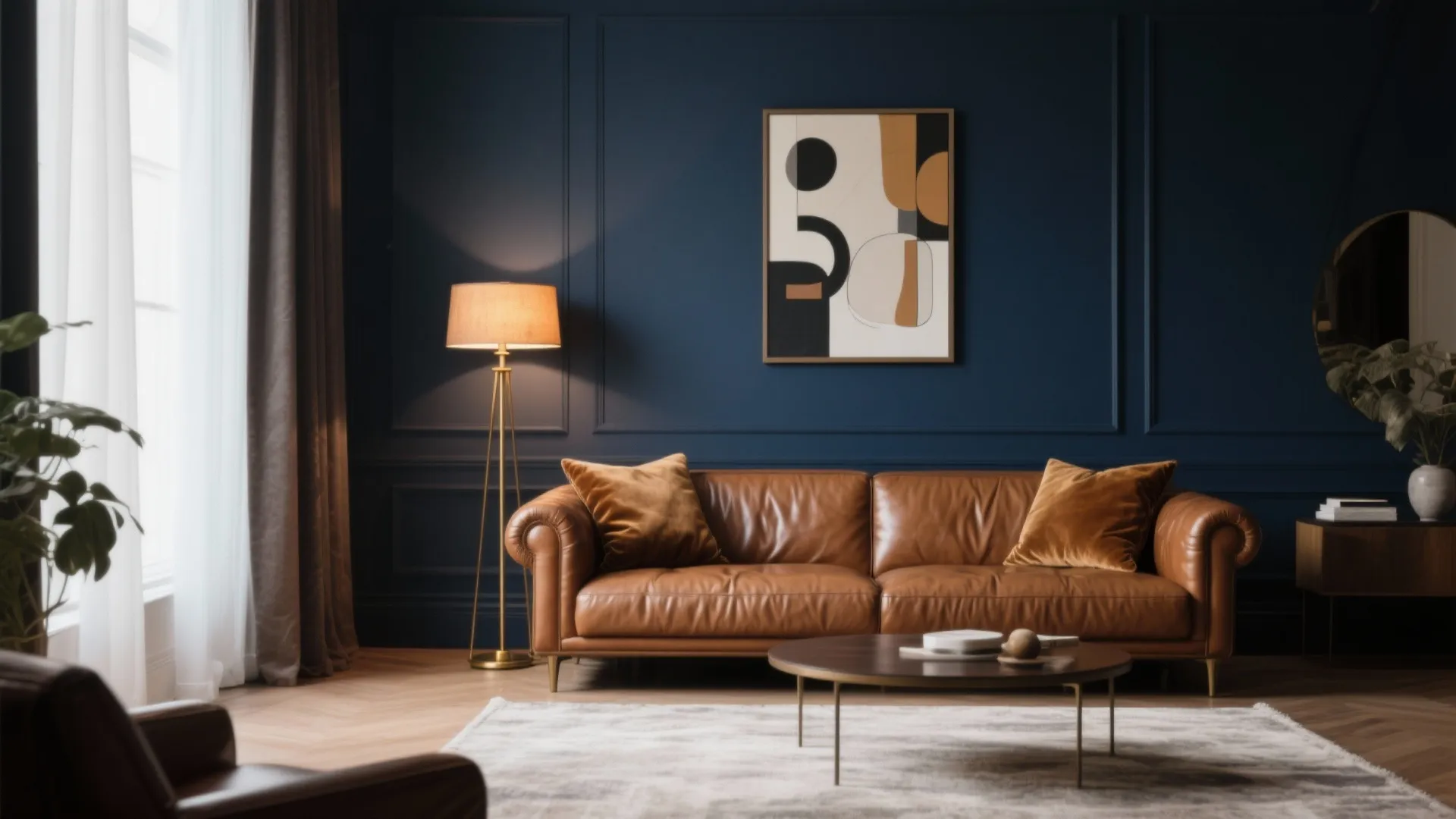 1. Moody Navy Walls with Cognac Leather