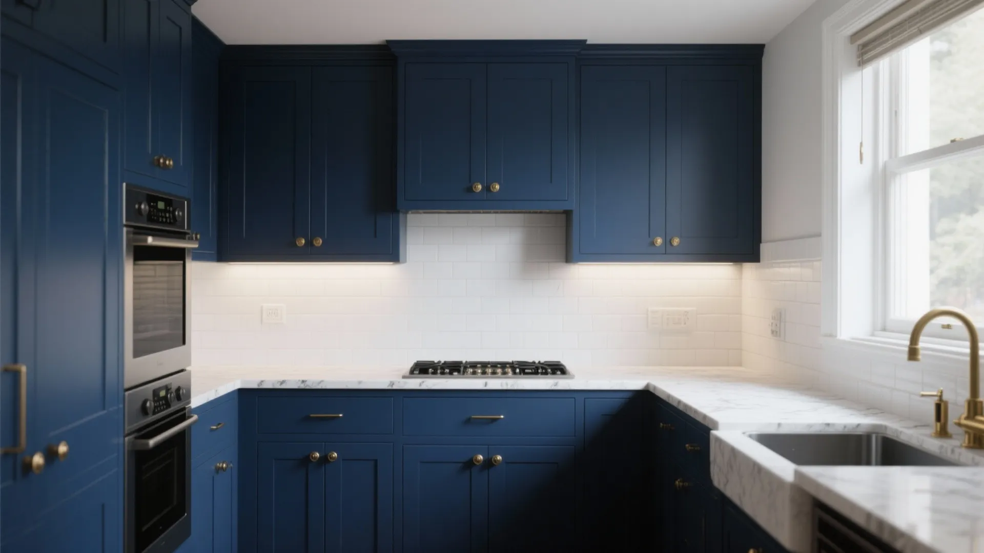 Classic navy blue kitchen with white marble countertops white brick tile backsplash and gold hardware fixtures