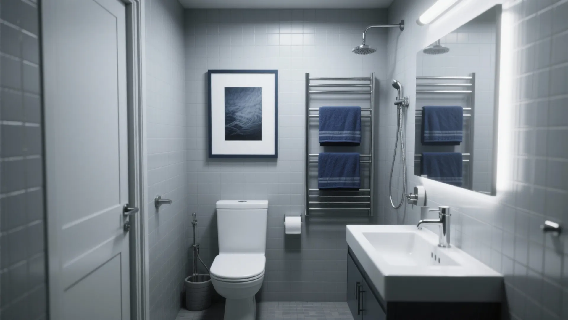 Gray bathroom with navy towels and framed navy artwork beside chrome fixtures