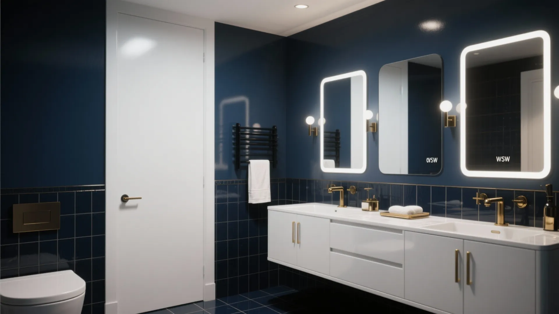 Modern bathroom with navy blue tiled walls white cabinet gold faucets and glowing light mirrors