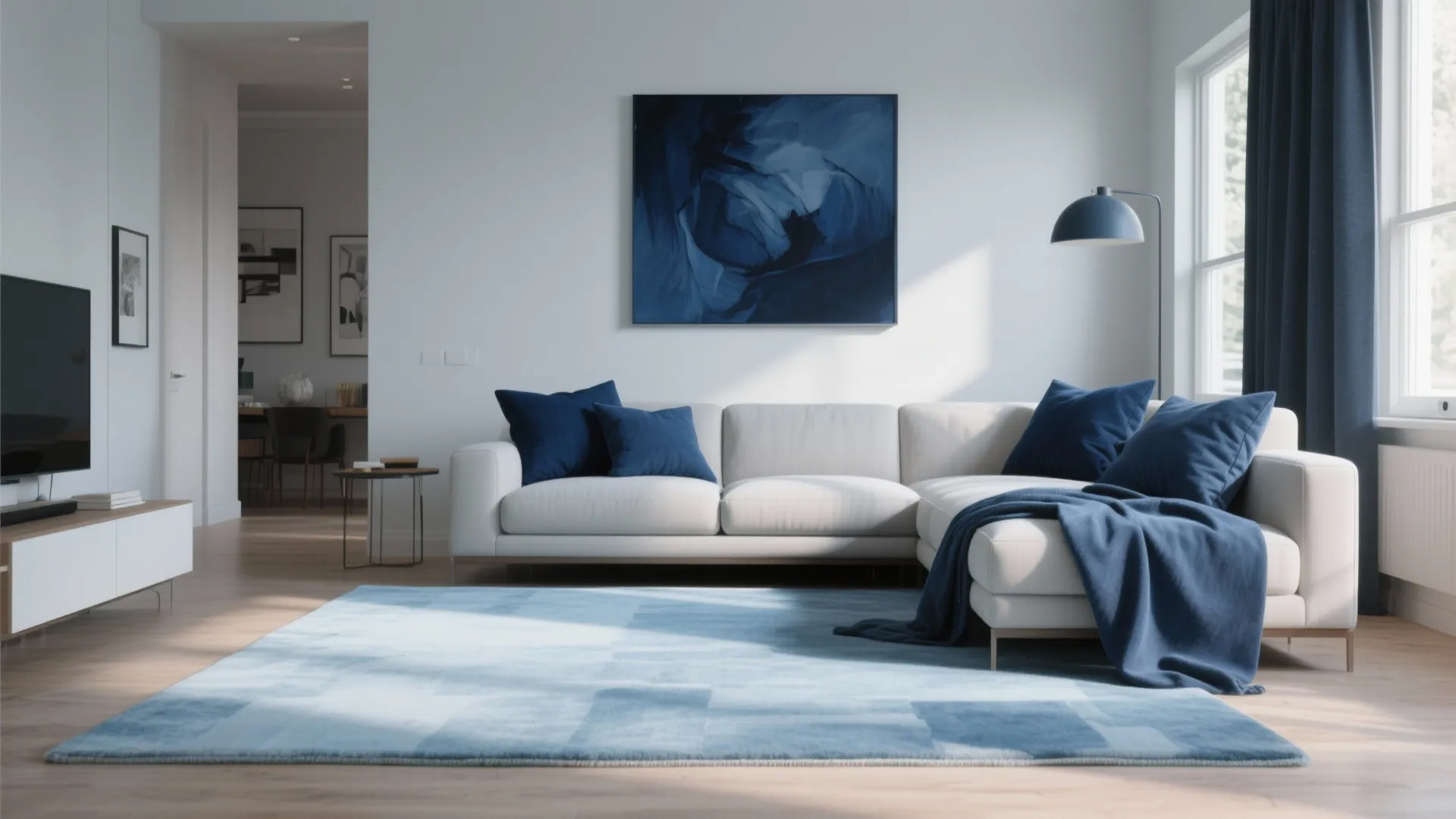 2. Modern contrast: navy accents and pale blue underfoot