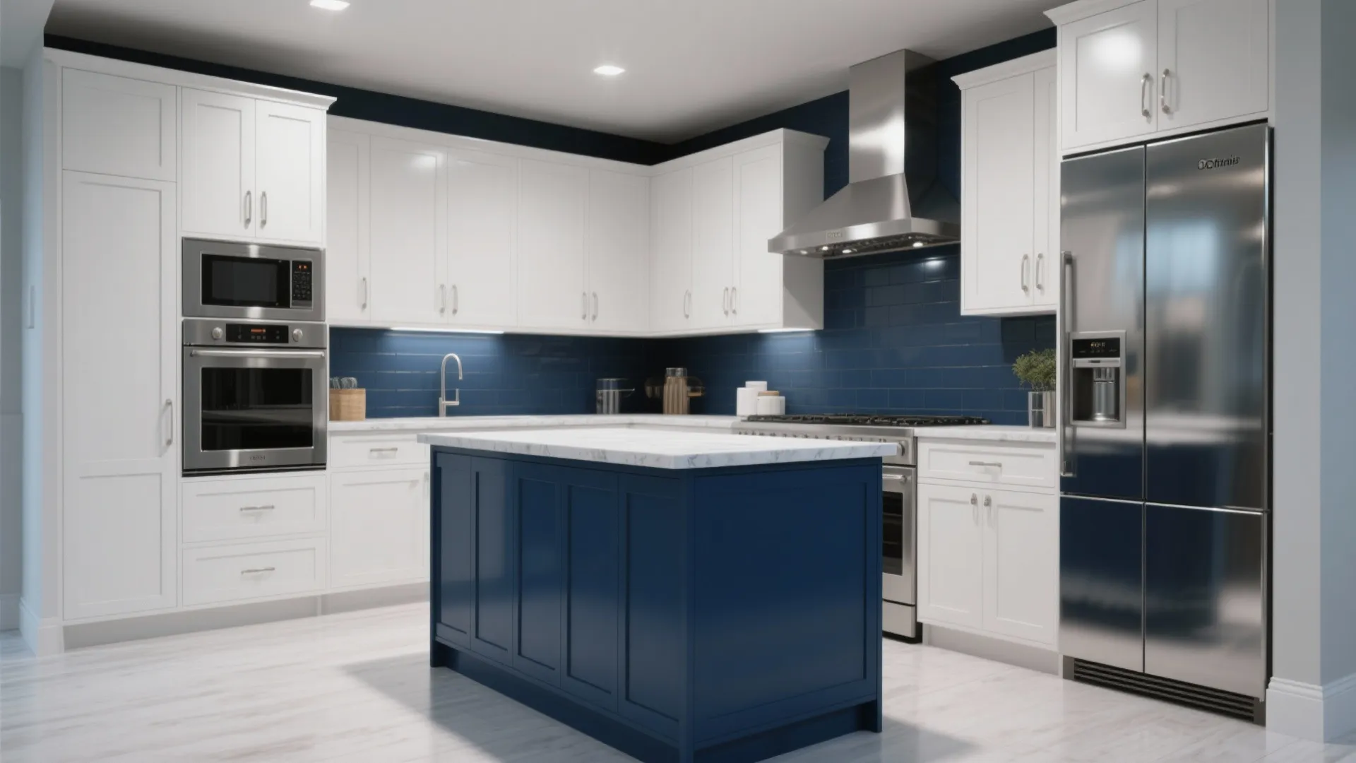 Modern kitchen with white cabinets blue island marble countertop stainless steel appliances and blue tile backsplash