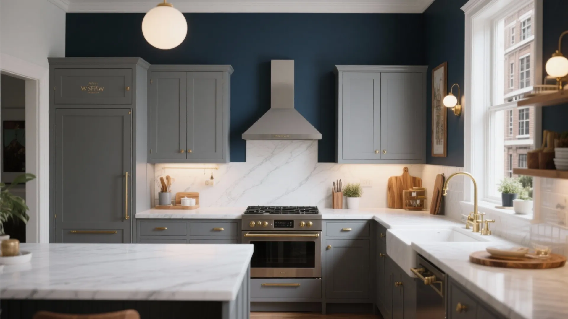 Luxury navy blue and grey kitchen with marble island gold faucet ceiling light and stove