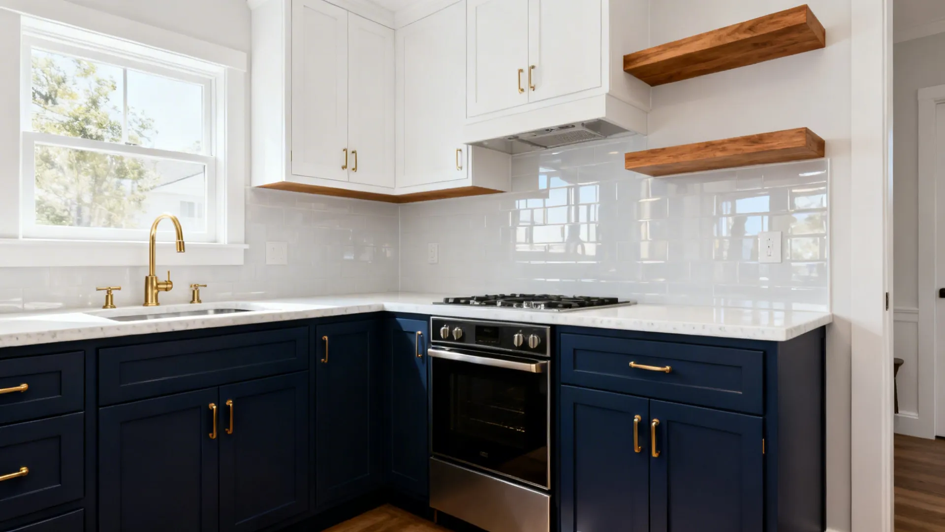 Small kitchen with deep navy lowers, white uppers, brass hardware, and glossy backsplash.