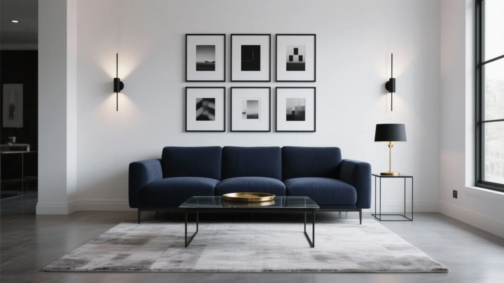 Modern living room with dark blue sofa coffee table rug wall lights and framed art
