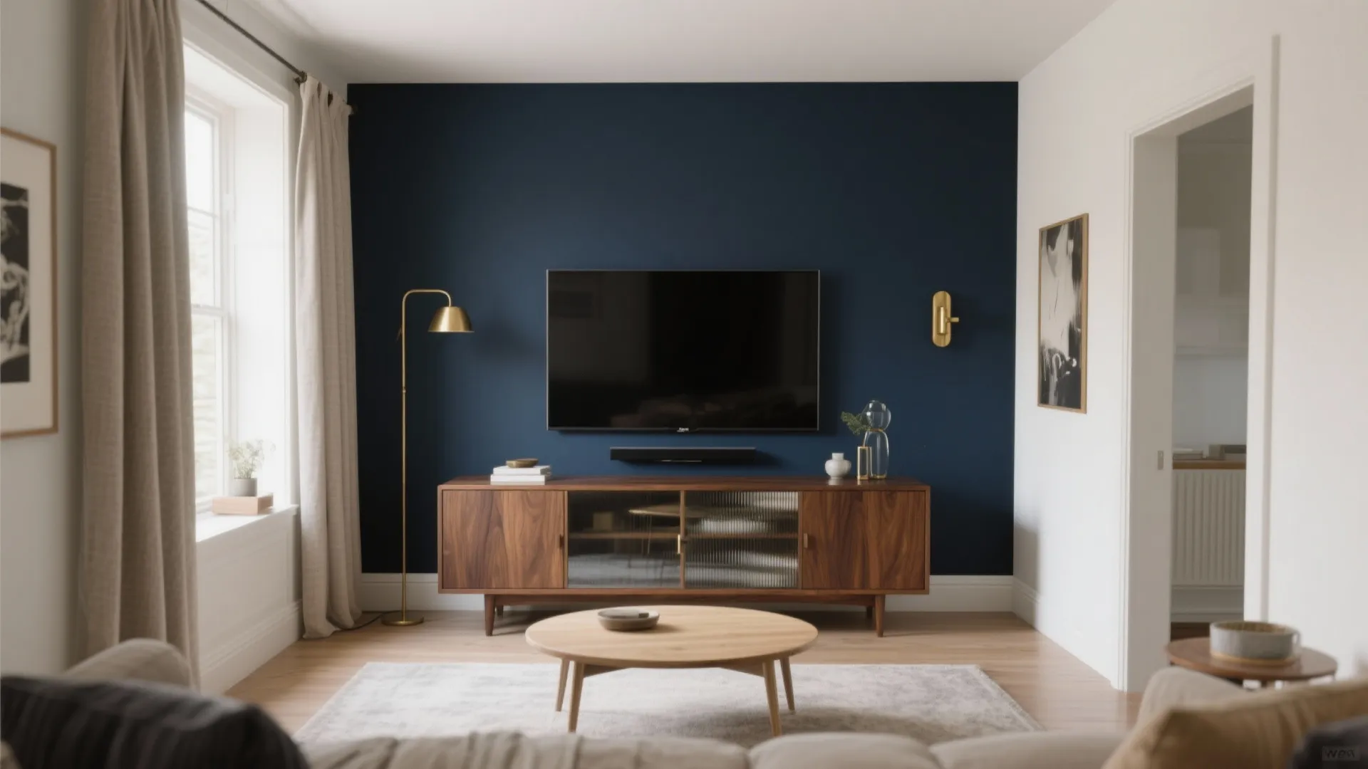 Modern living room with navy blue wall wooden cabinet television round coffee table and floor lamp