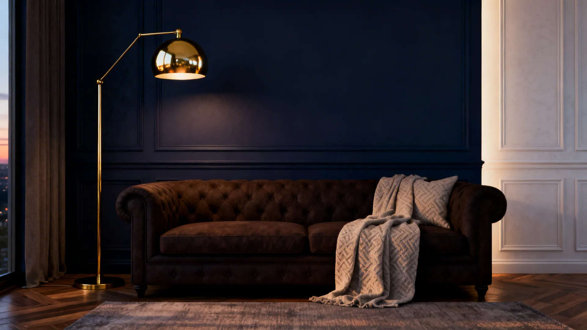 Lounge with deep navy wall, dark brown sofa and brass accents creating dramatic contrast.