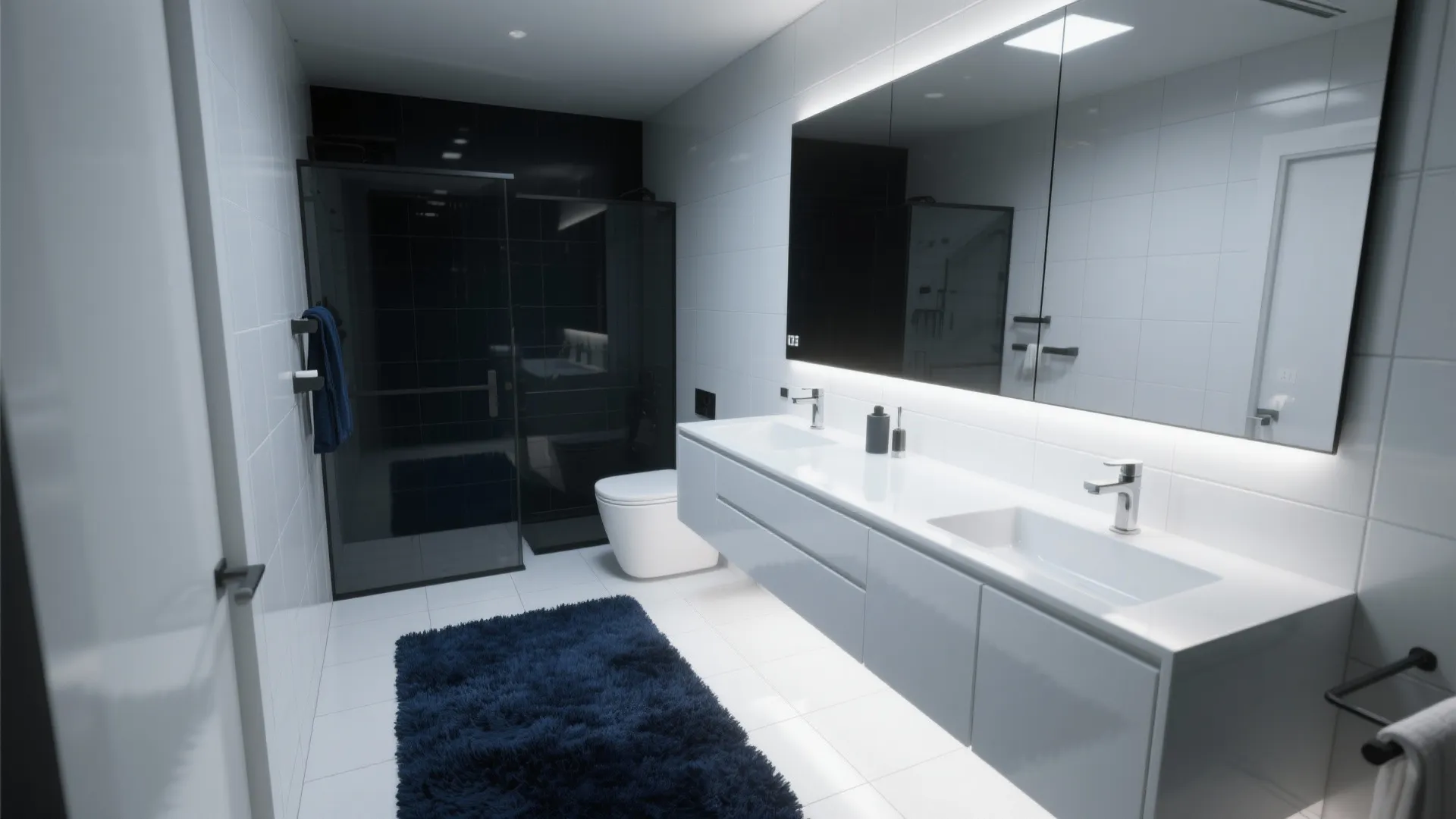 Modern bathroom with white walls black shower door white double vanity and navy blue floor rug