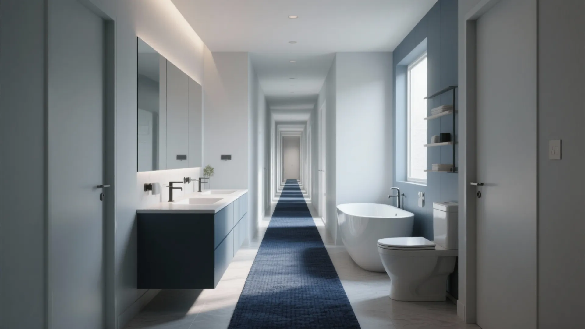 Modern blue and white long bathroom with double sinks bathtub toilet mirror and blue carpet