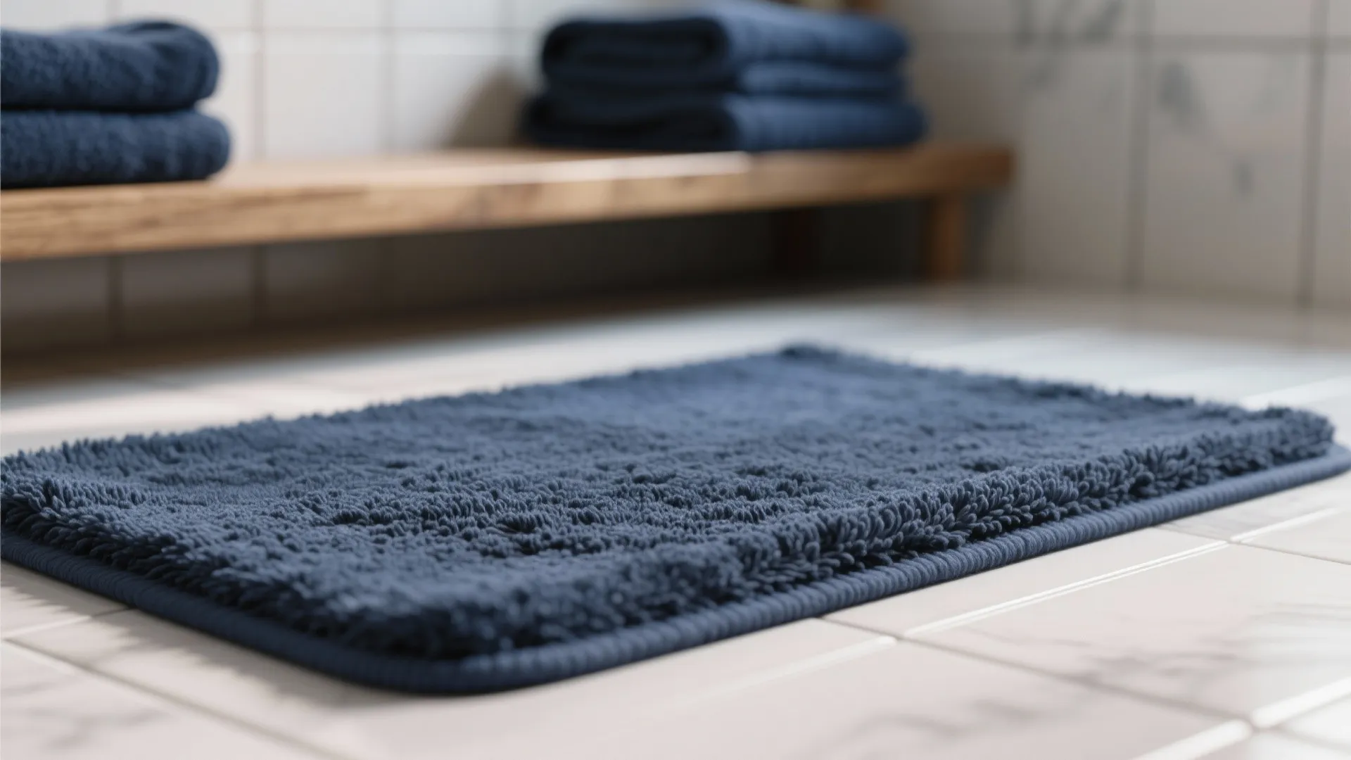 Close-up of a heavyweight navy cotton bath mat showing dense weave and matching navy towels.