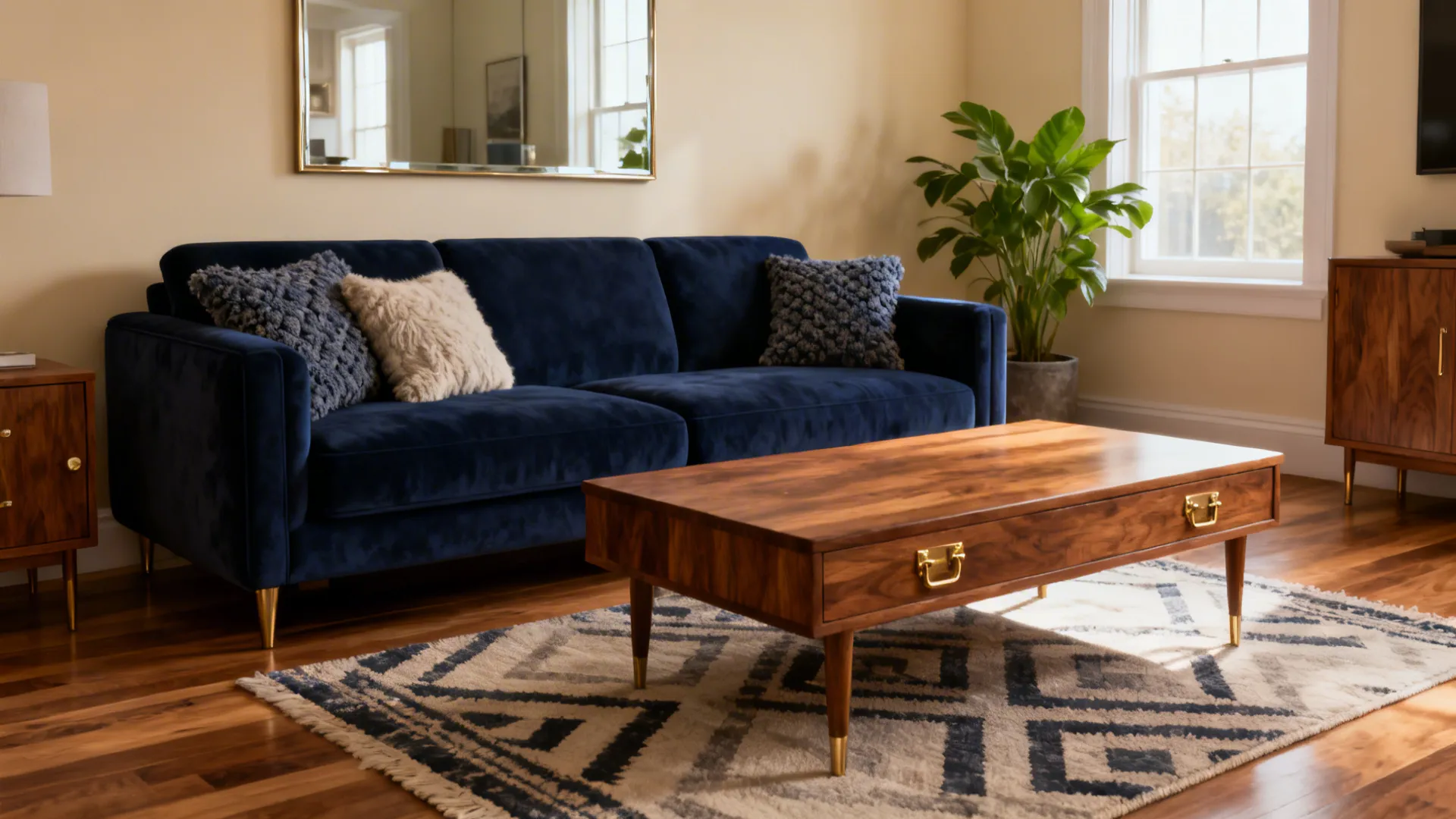 Navy blue sofa wooden coffee table and green plant in modern living room with large window