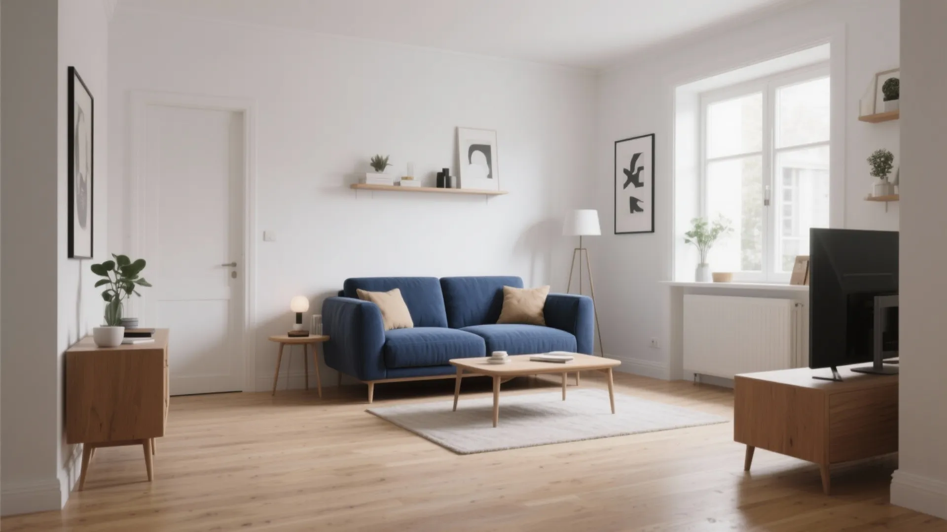 Modern bright living room with blue sofa wooden coffee table white walls and natural light window