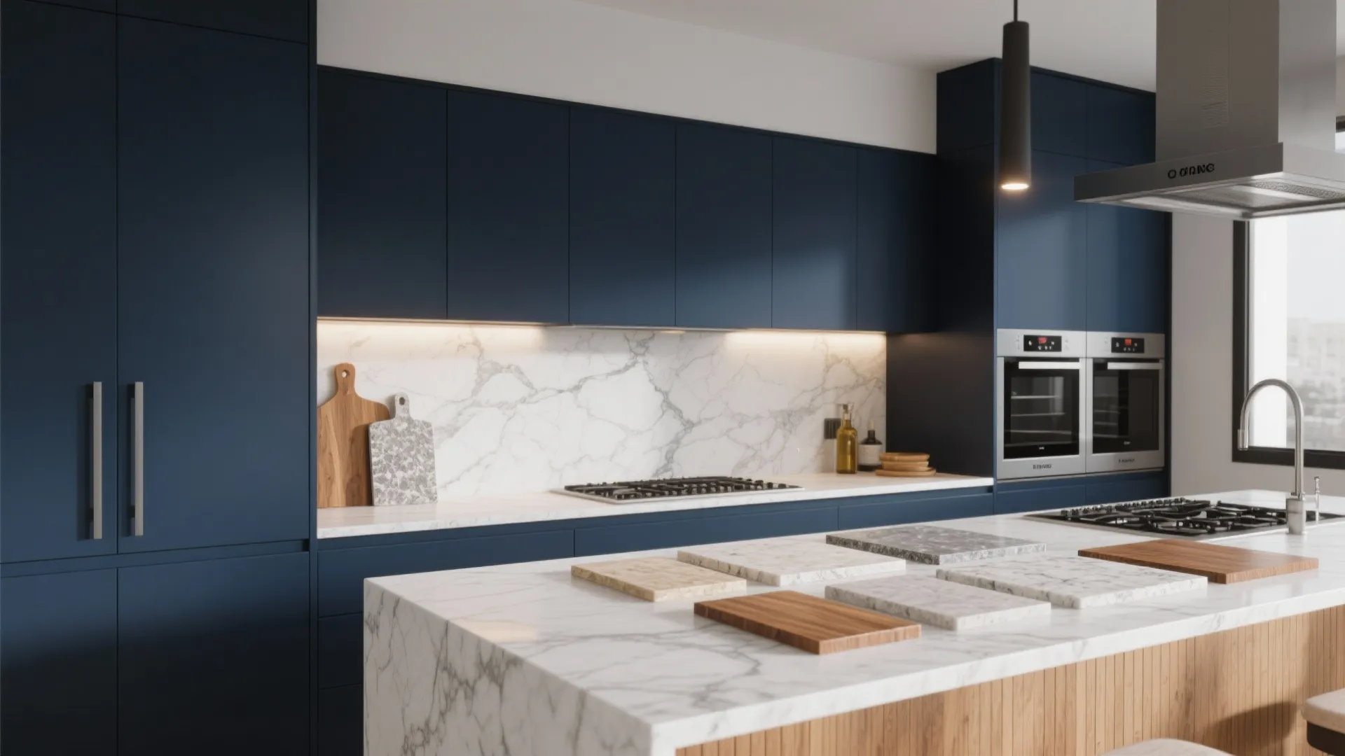 Navy cabinets paired with marble-look quartz, warm wood and light granite countertop samples