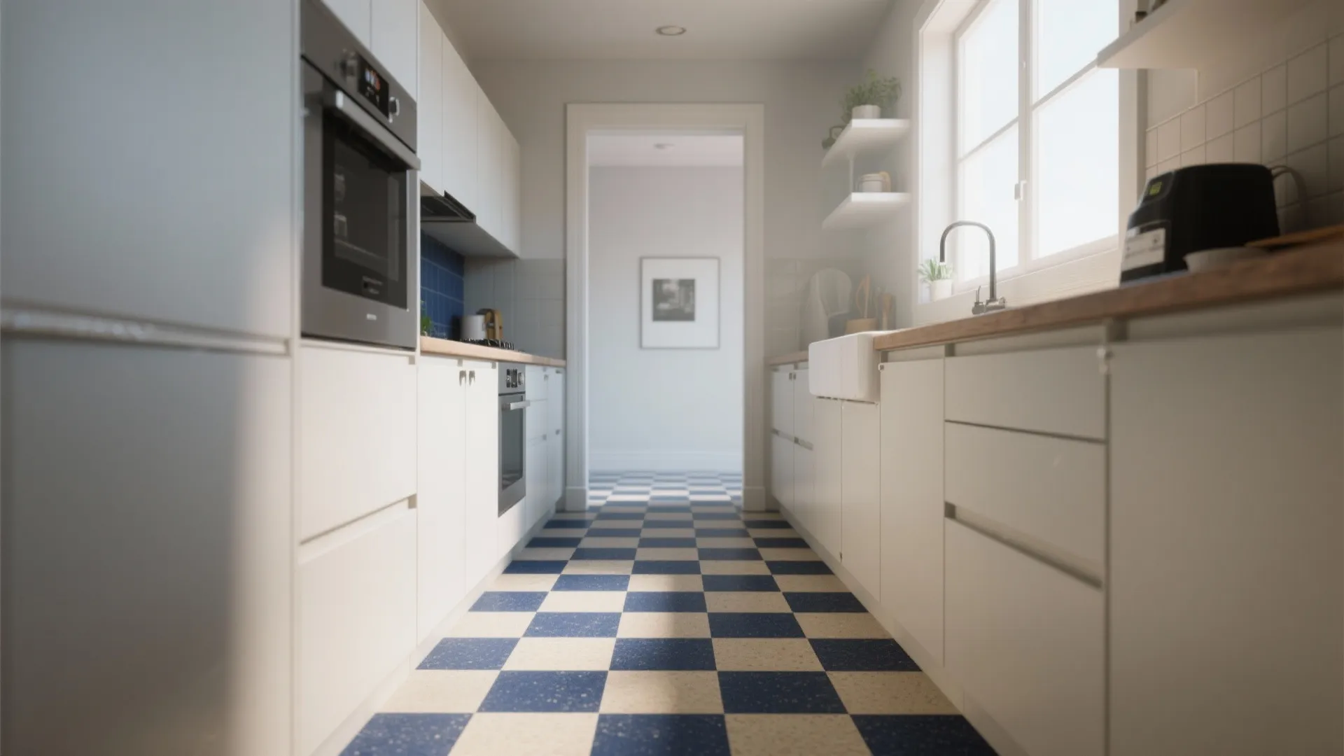 Galley kitchen with navy and cream checkered Marmoleum floor