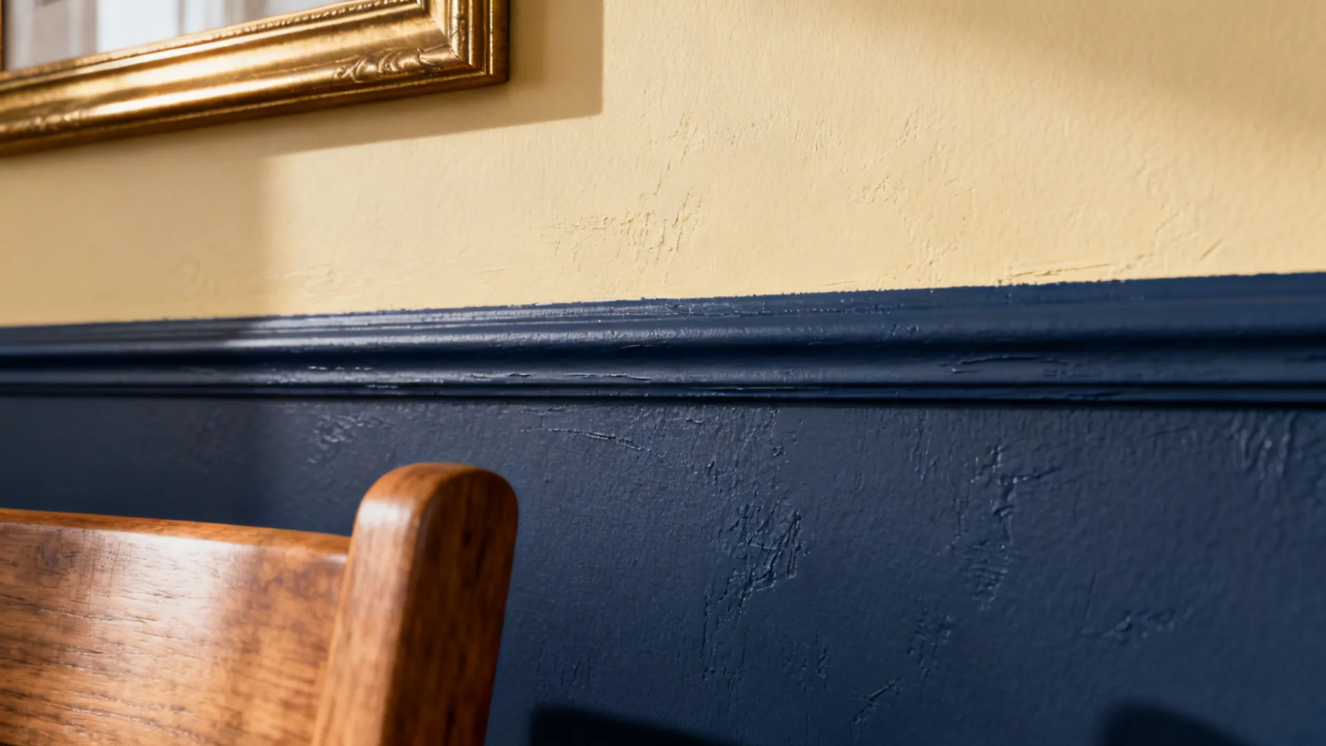 Close-up of crisp junction between navy lower paint and warm cream upper paint with oak and brass accents