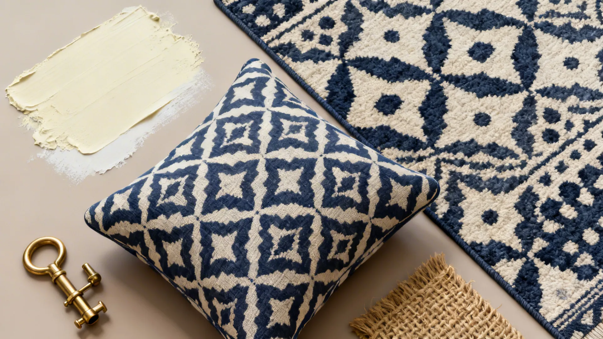 Flatlay of navy patterned fabrics, cream swatches, brass hardware and jute samples.