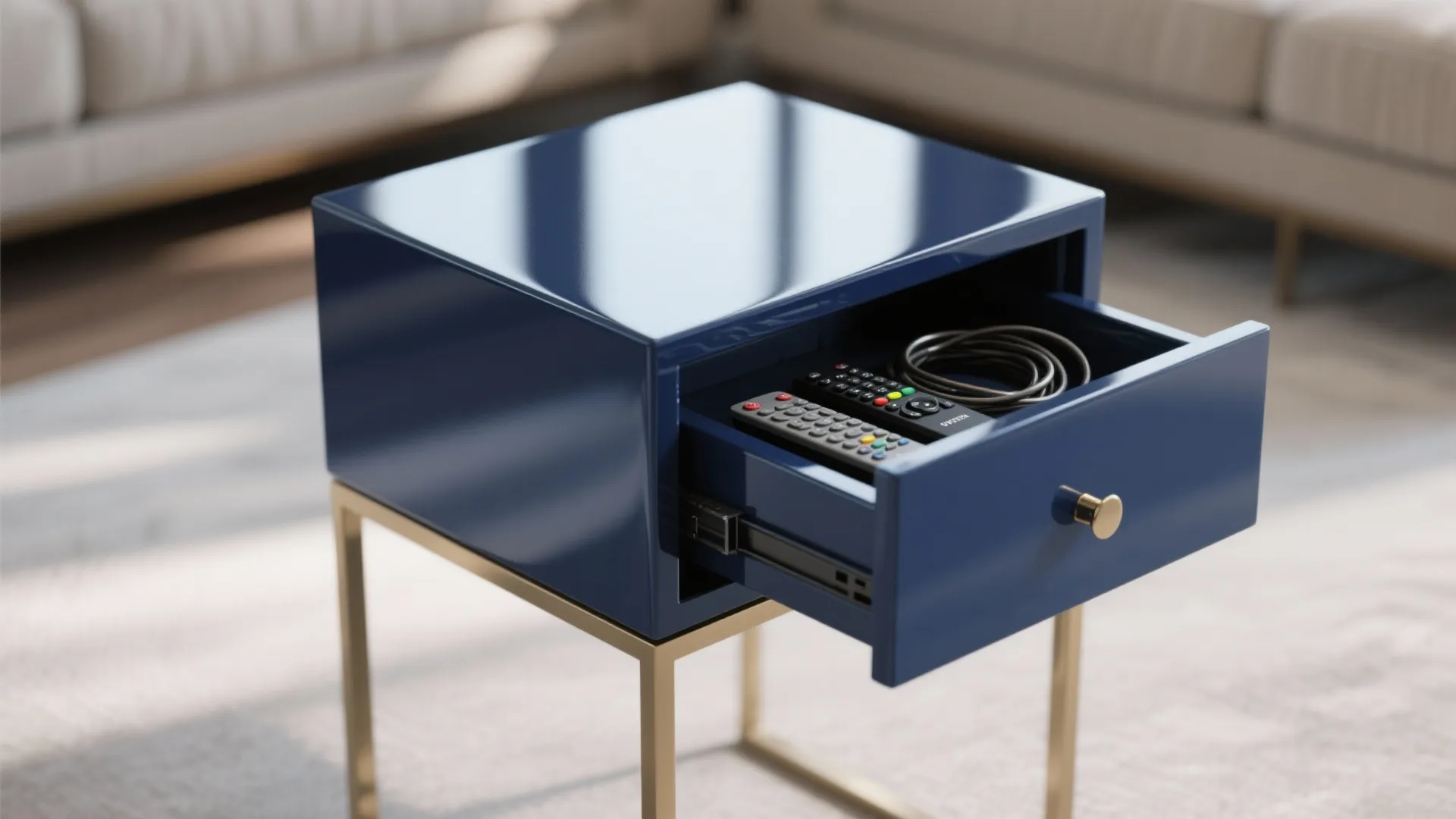 2. Blue lacquered cube with hidden drawer