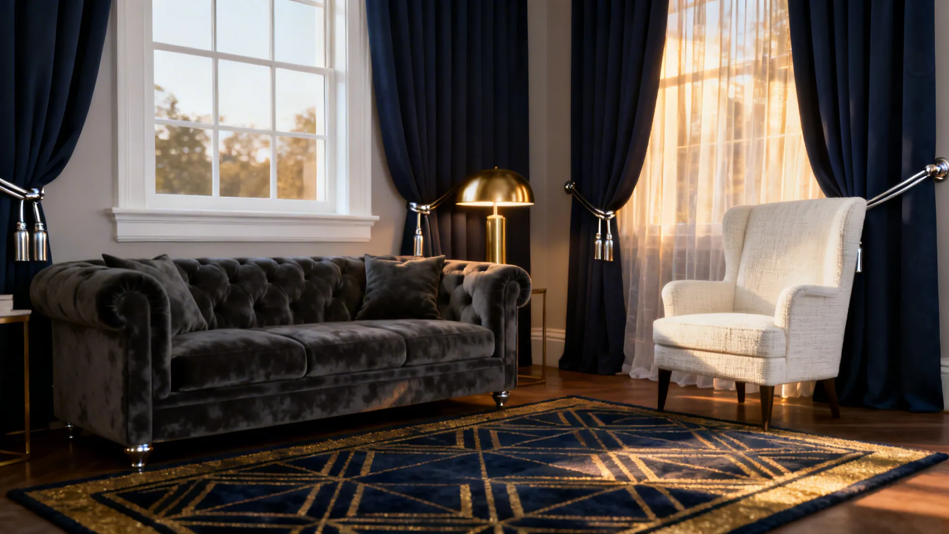 Living room with deep navy blackout curtains, white trim and metallic tiebacks, creating a dramatic, cozy anchor.