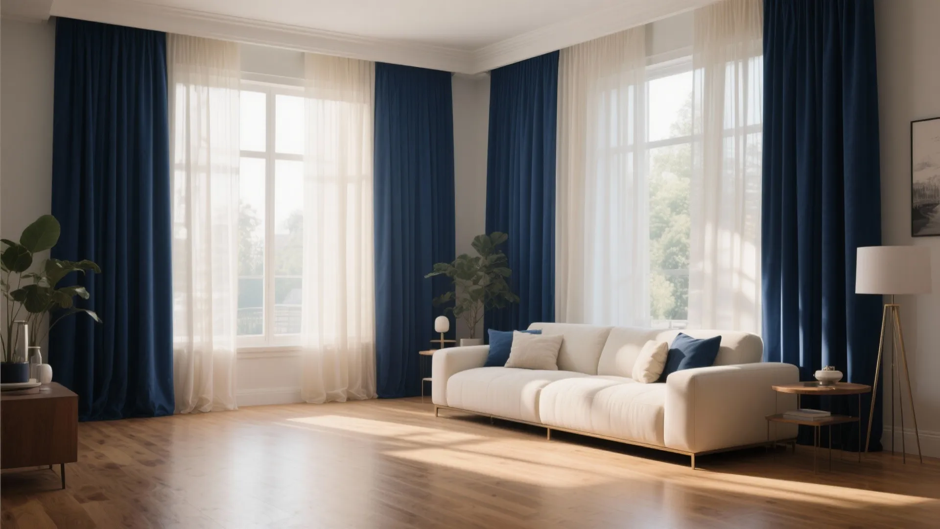 3. Navy Curtains with Cream Sheers