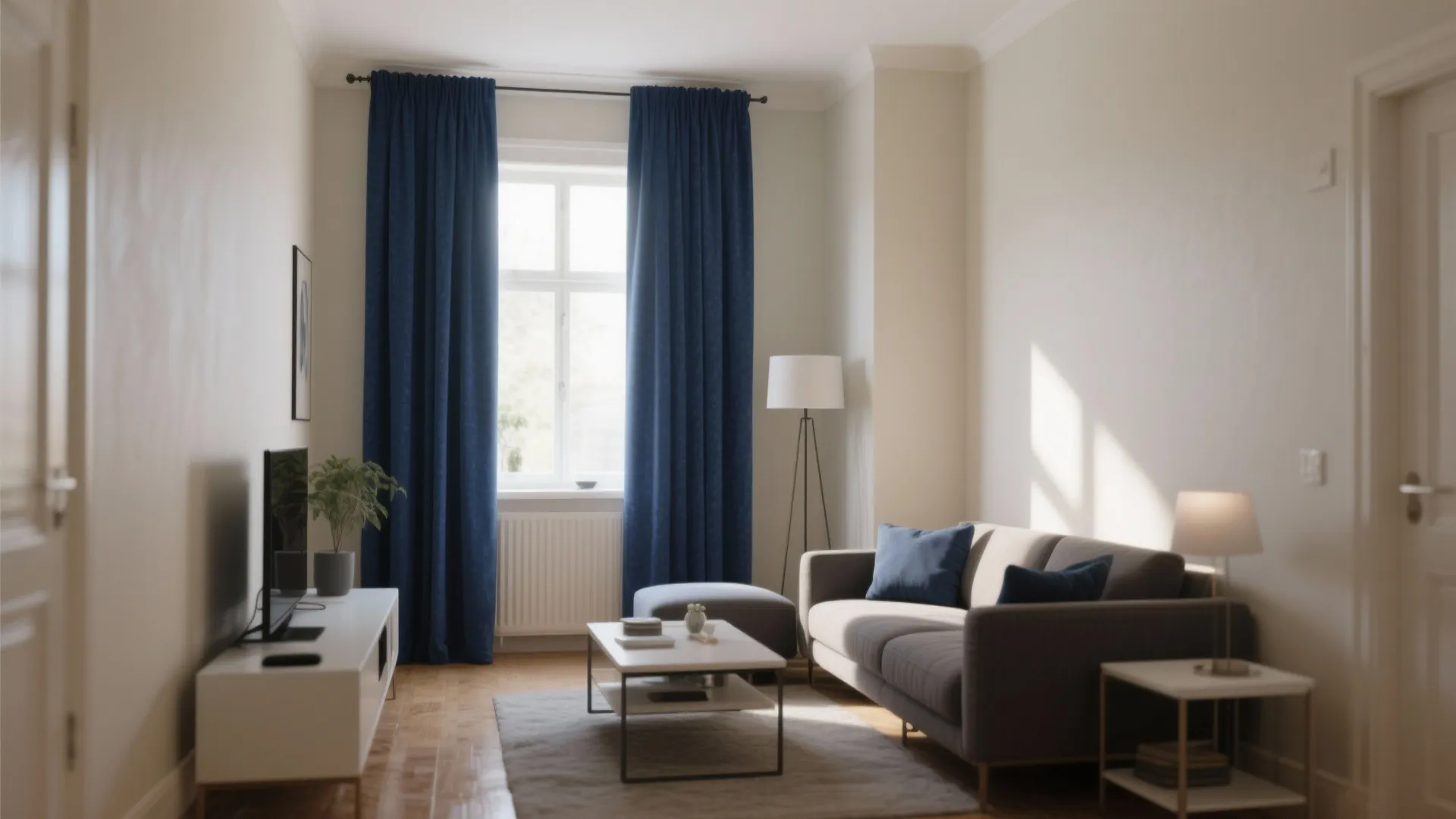 5. Navy Curtains with Cream Walls