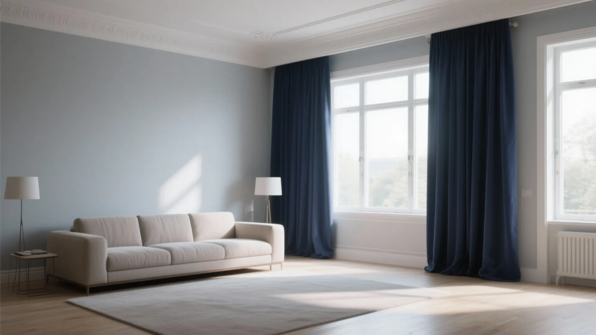 6. Navy Curtains with Grey Walls