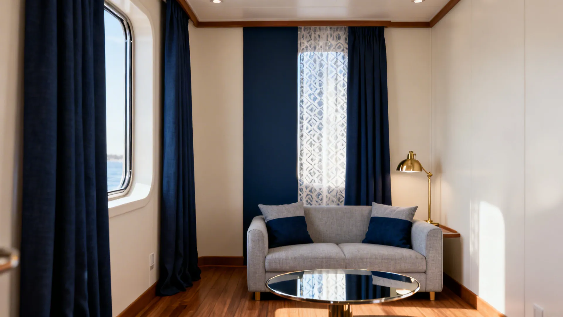 Grey sofa with navy pillows gold lamp dark blue curtains and round glass coffee table