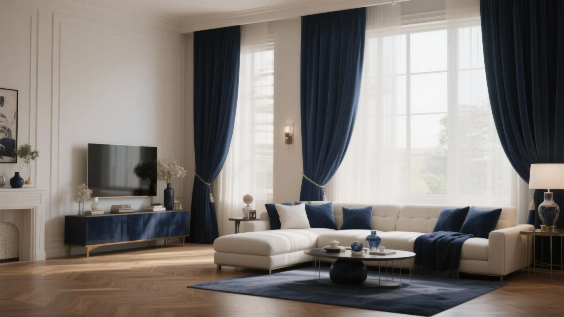 7. Navy Curtains with Light Filtering