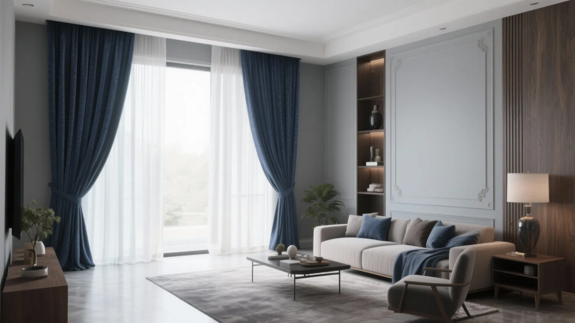 6. Navy Curtains with Sheer Layers