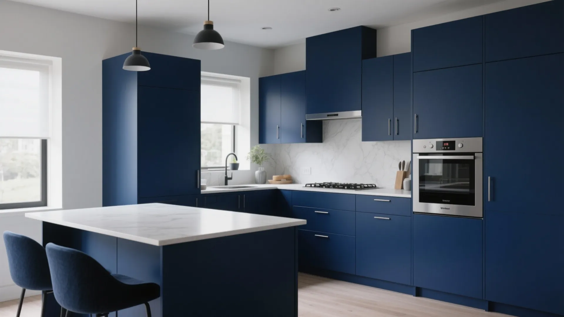 Modern kitchen with blue cabinets marble island two blue chairs and two black hanging lights