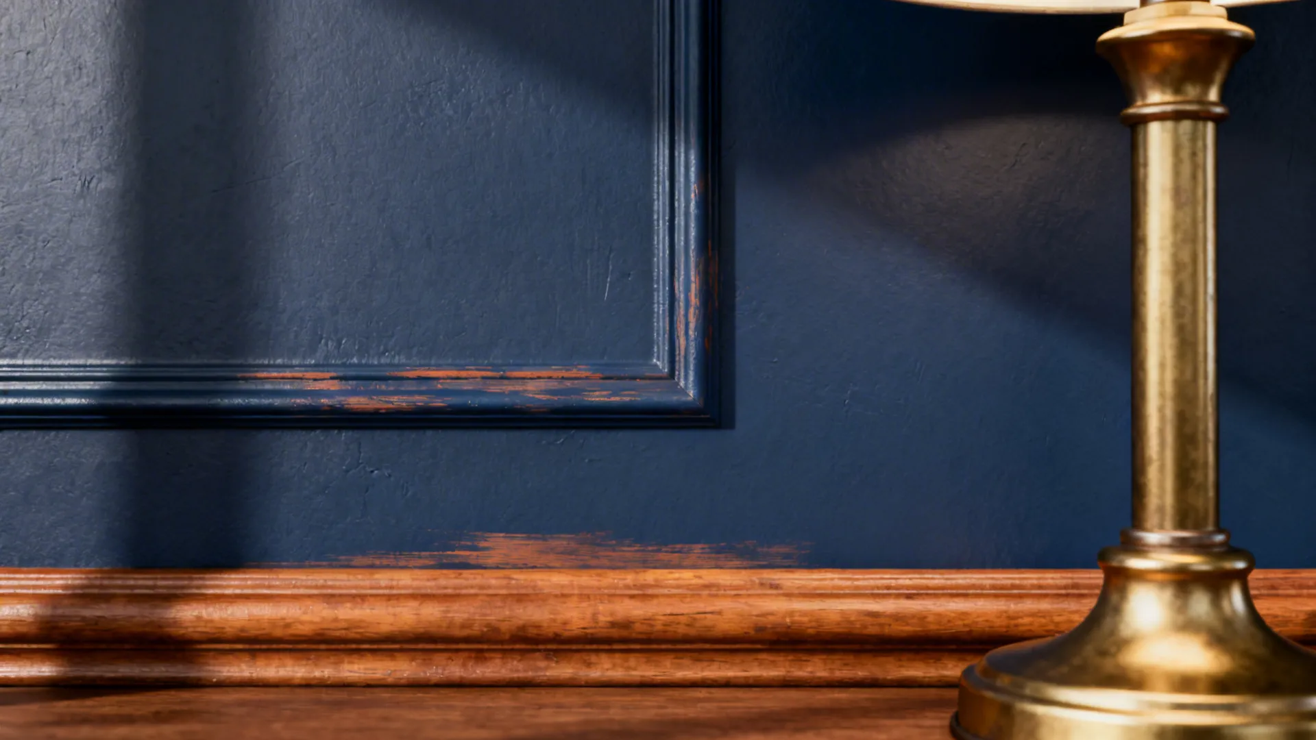 Close-up of deep navy wall with brass lamp and warm wood trim showing texture