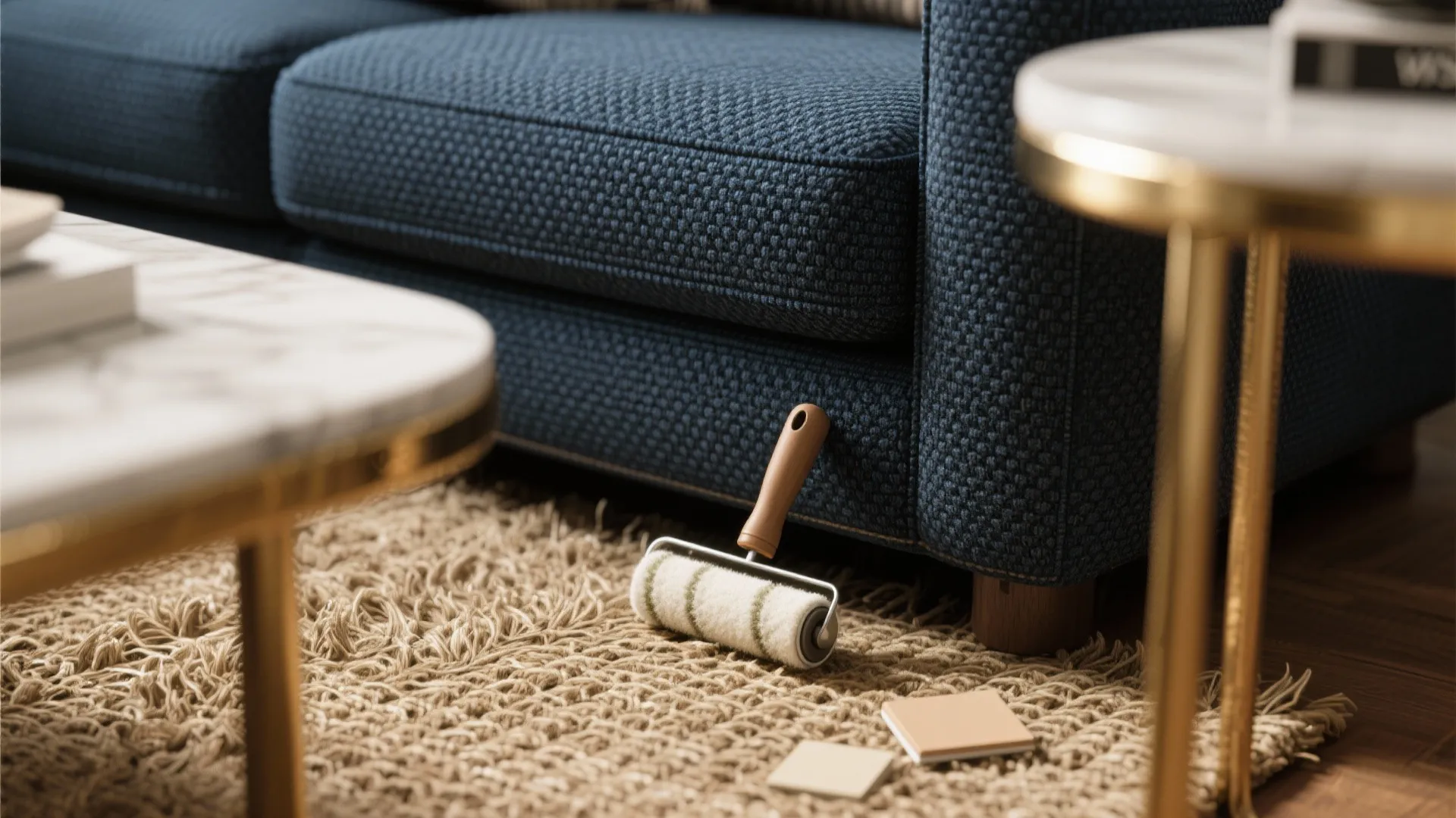 Close-up details: navy upholstery weave, lint roller, brass accent, and jute texture
