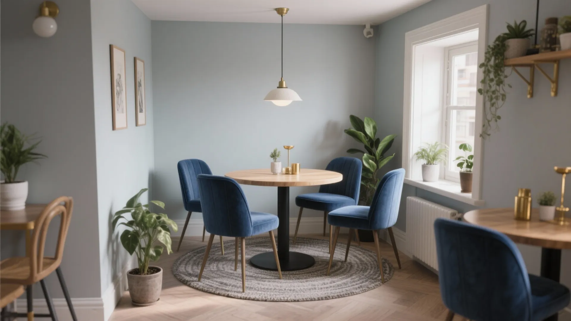 Dining area with round wooden table blue velvet chairs white ceiling light and green plants