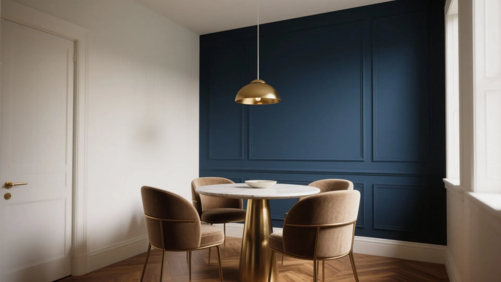 Navy blue wall panel dining area with marble table, gold ceiling light, and velvet chairs